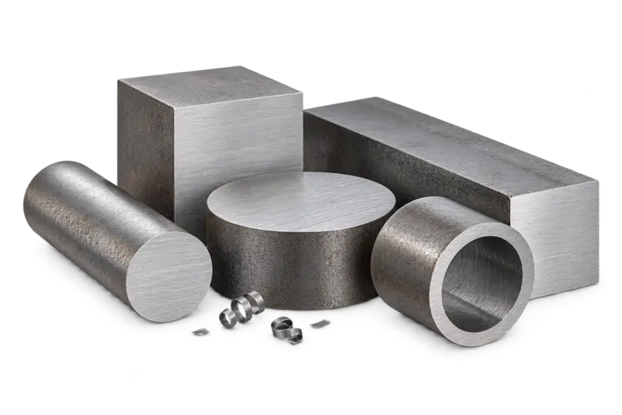 Metal bars, profiles and a tube prepared for cutting.