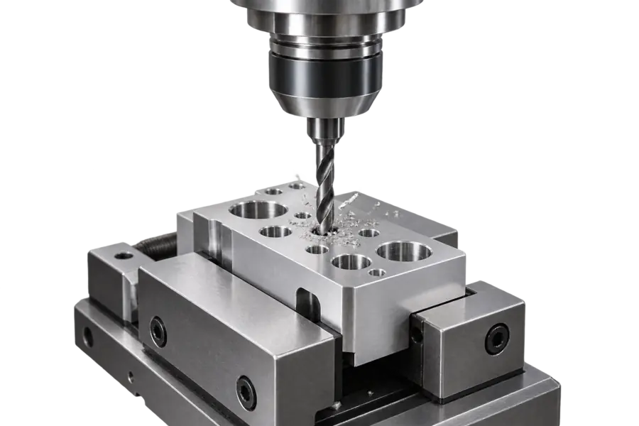Drilling holes in a part clamped in a vice.