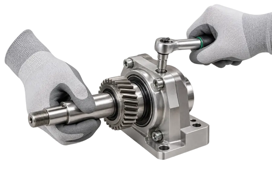 Gearbox assembly — tightening a joint with a wrench.