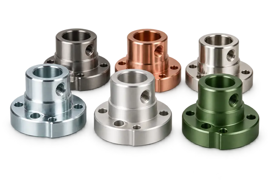 Parts after galvanic coating and anodising in different colours.