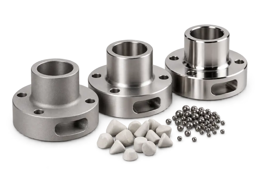 Parts after vibratory finishing, with polishing media and shot.