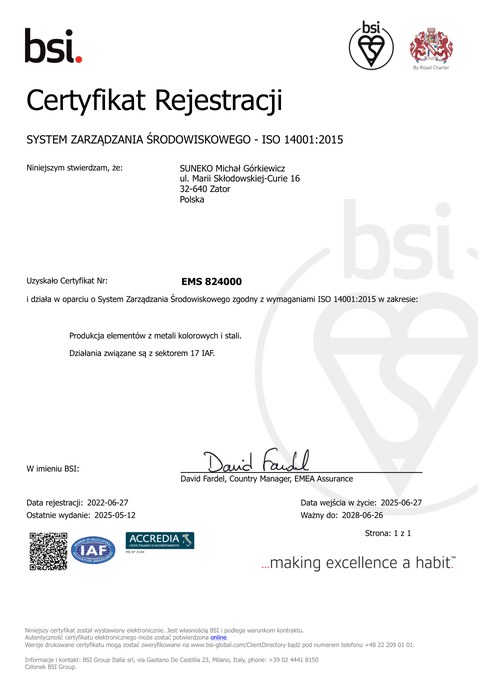 Certyfikat ISO 14001 — Podgląd certyfikatu